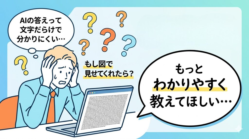 AIの答えが文字だらけで分かりにくいと悩むビジネスパーソンのイラスト