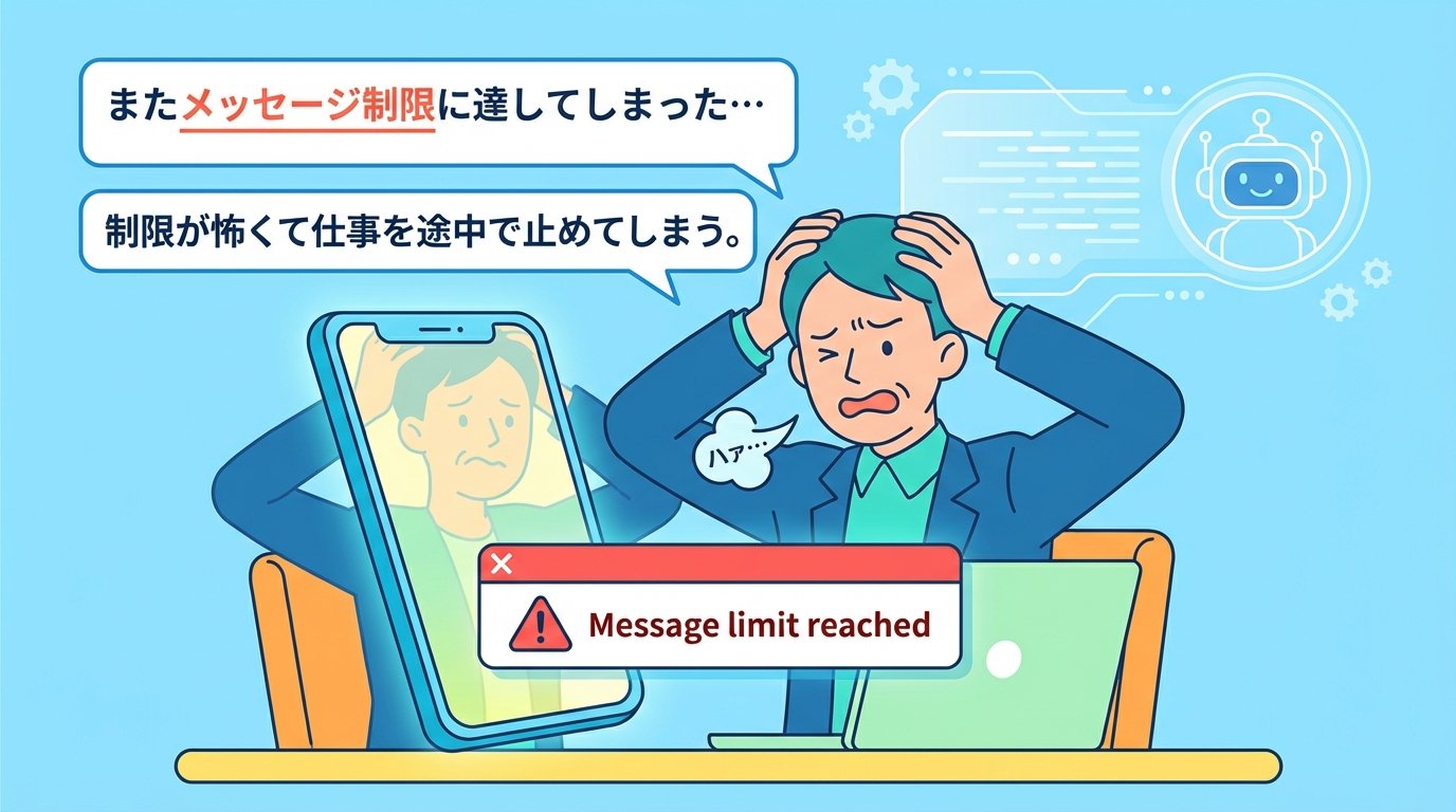 またメッセージ制限に達してしまった…と頭を抱えるビジネスパーソンのイラスト