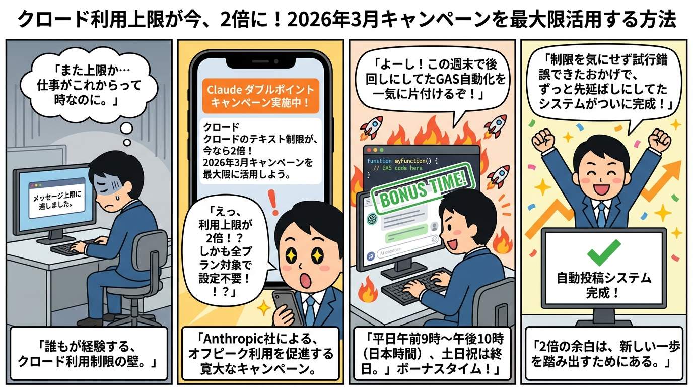 GASコーディングに全力投球してボーナスタイムに自動化システムを完成させる4コマ漫画