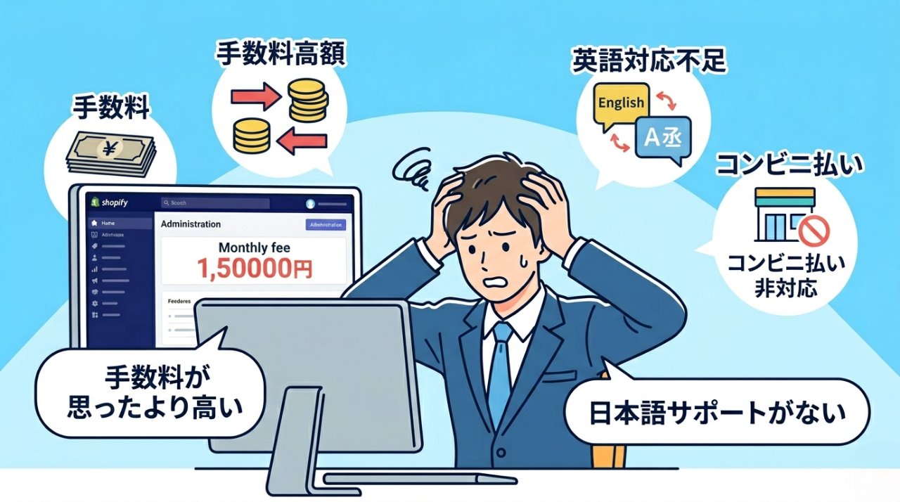 Shopifyの手数料や日本語サポート不足に頭を抱えるビジネスパーソンのイラスト