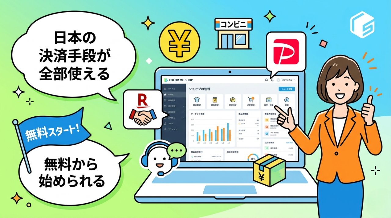 カラーミーショップの管理画面と日本の決済手段・無料スタートを紹介するイラスト