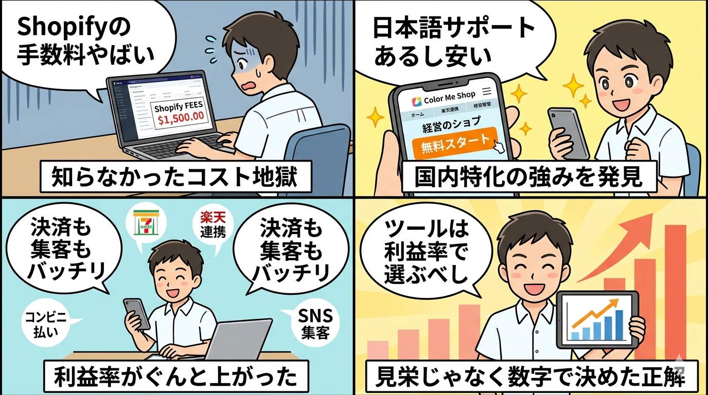 ShopifyとカラーミーショップのEC比較を描いた4コマ漫画イラスト