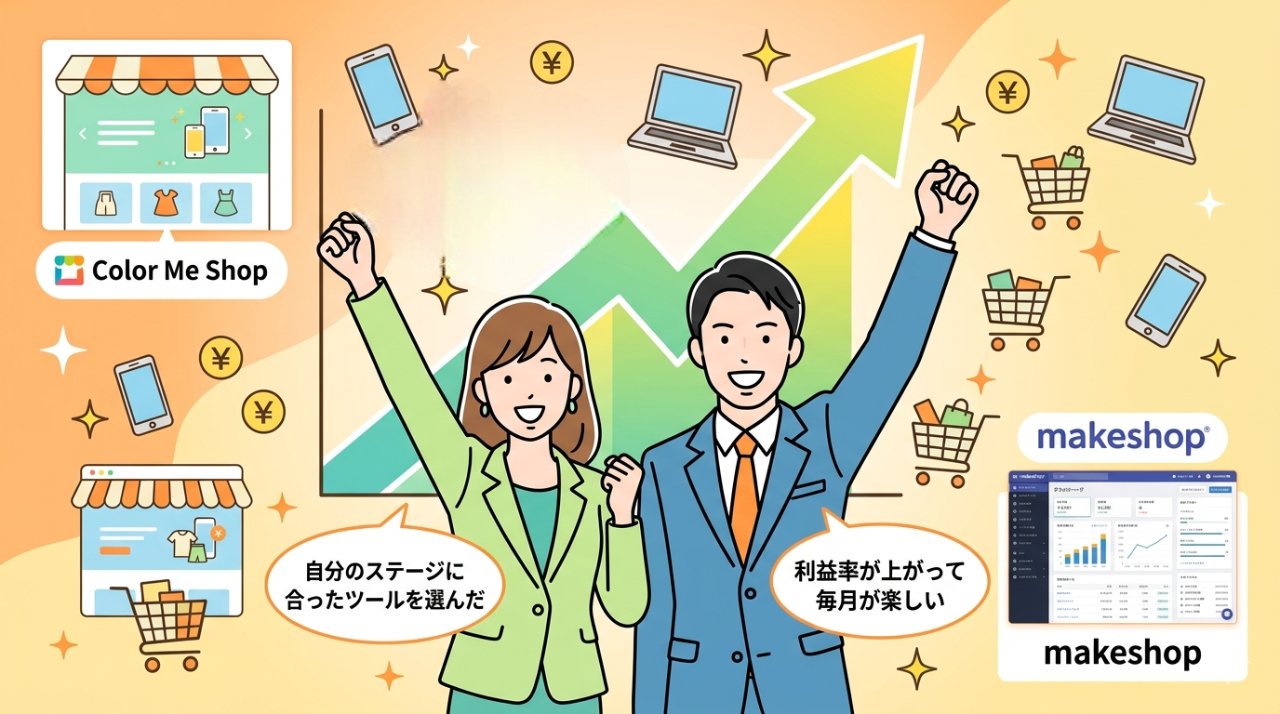カラーミーショップとmakeshopで成功したEC事業者の笑顔と売上グラフのイラスト