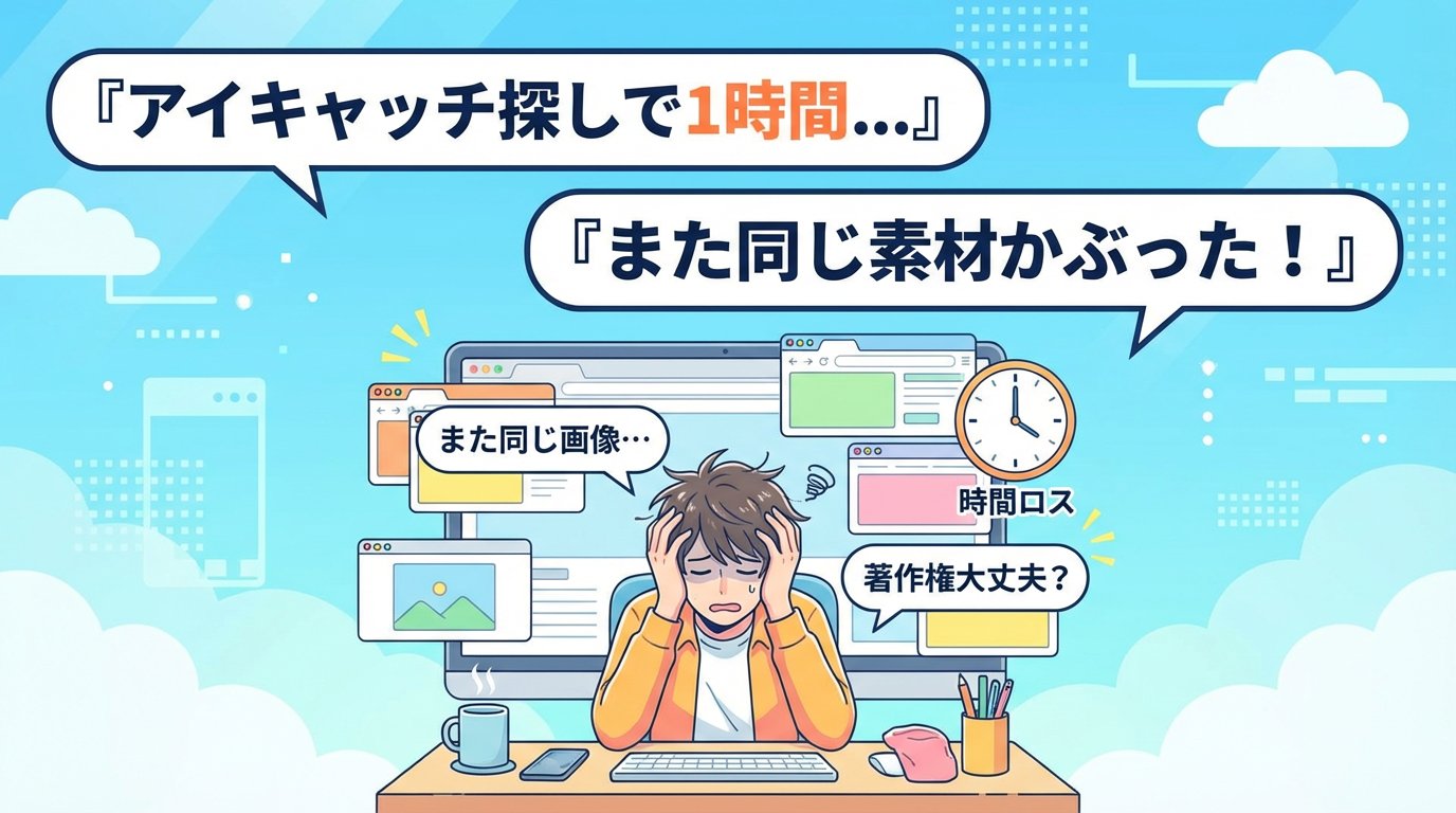 アイキャッチ画像を毎回探すのに時間がかかって疲弊しているブロガーのイラスト