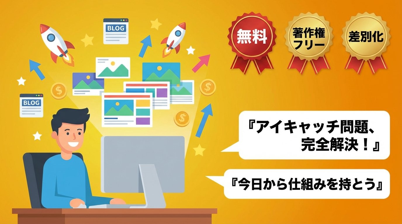 アイキャッチ問題を解決して笑顔でブログを量産しているブロガーの未来イメージイラスト