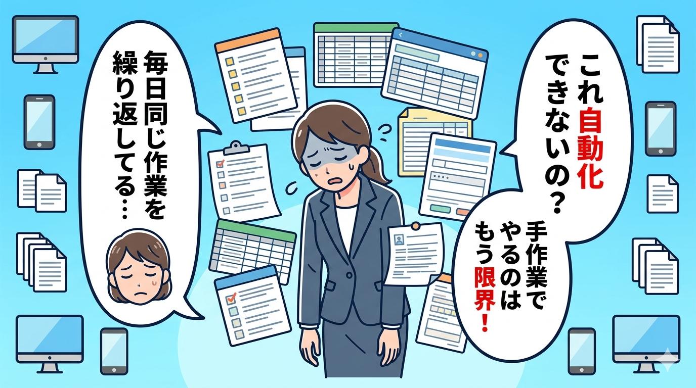 毎日同じ繰り返し業務に疲弊するビジネスパーソンのイラスト