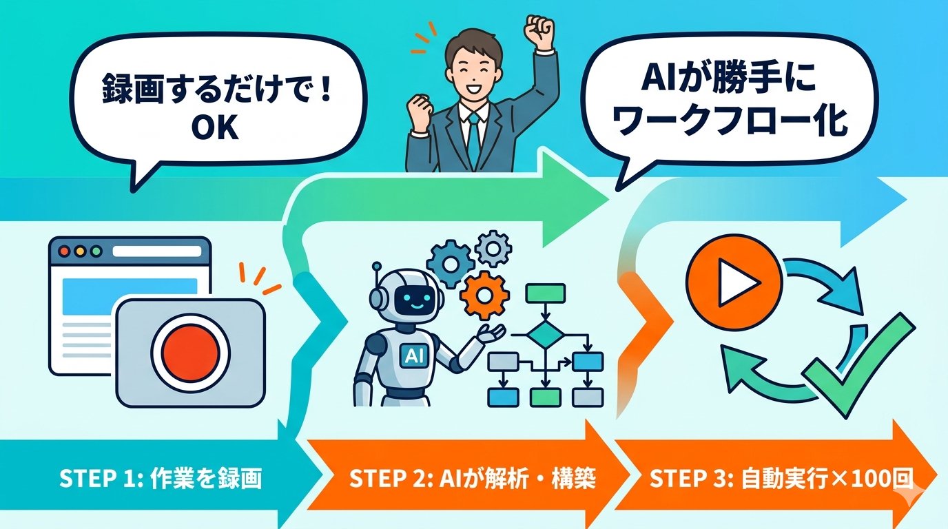 Copelfの3ステップ図解。録画→AI解析→自動実行×100回の流れ
