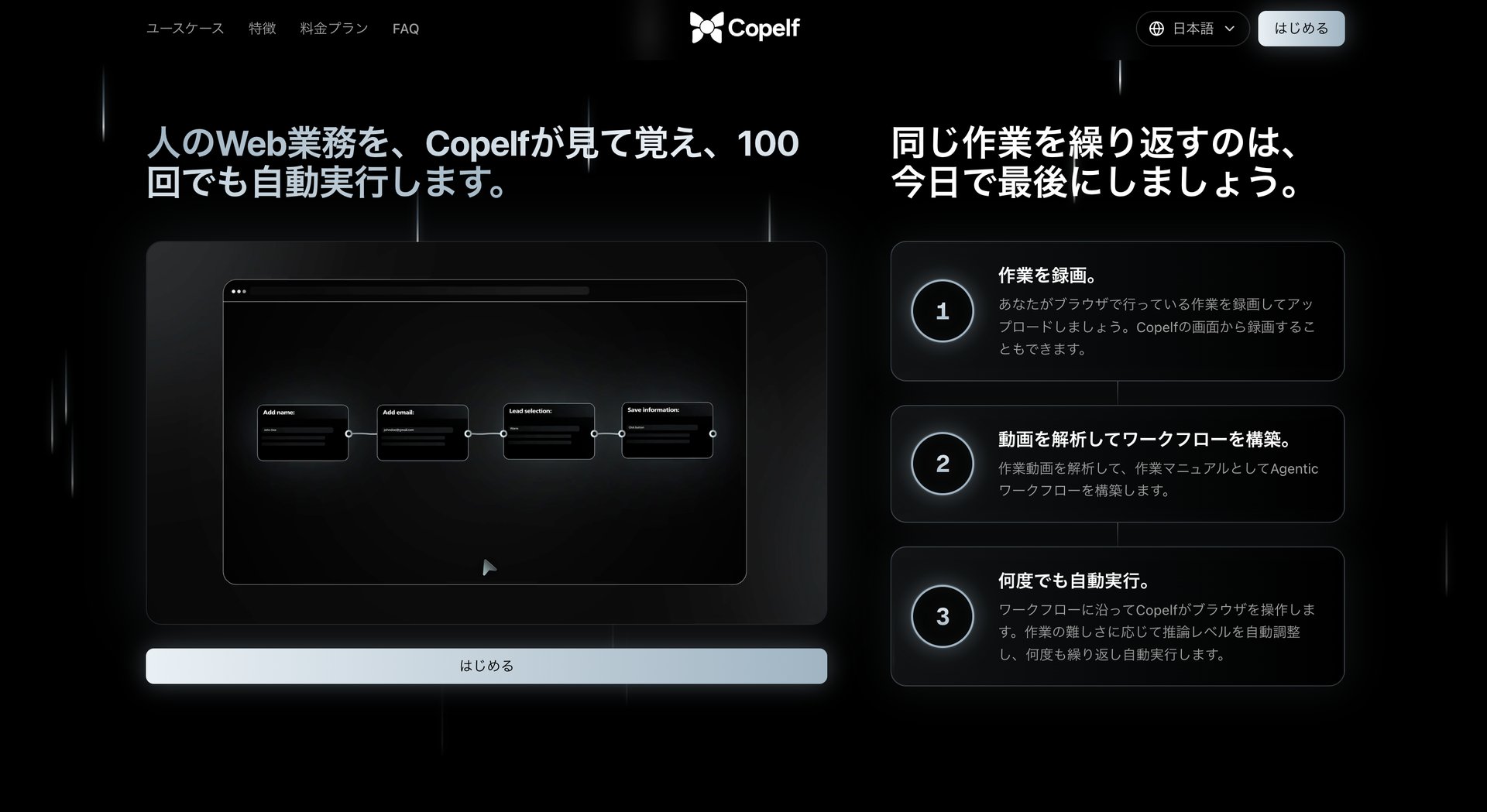 CopelfトップページのUI。3ステップで業務を自動実行できる仕組みを紹介