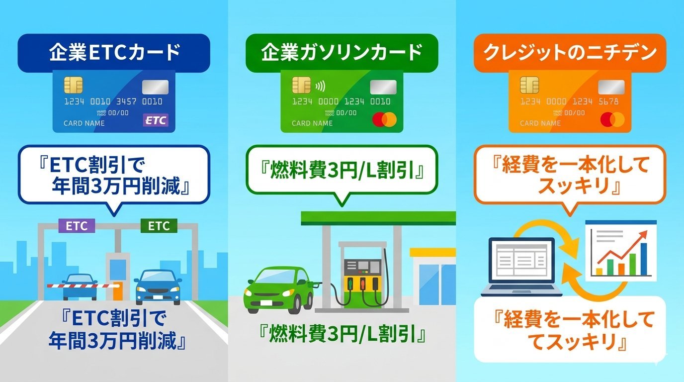 法人ETCカード・法人ガソリンカード・クレジットのニチデンの3カード比較インフォグラフィック