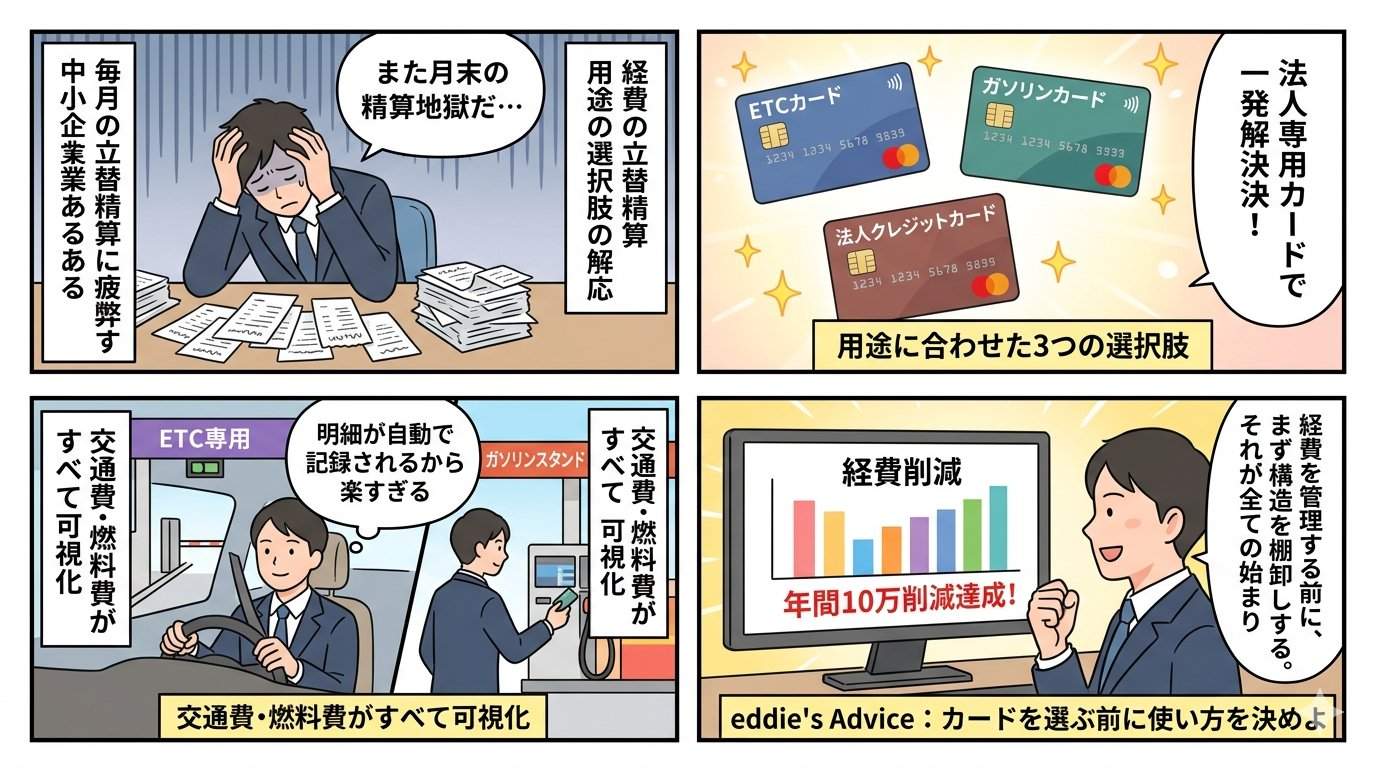 法人カード導入の流れを描いた4コマ漫画。課題提起から経費削減達成までを図解