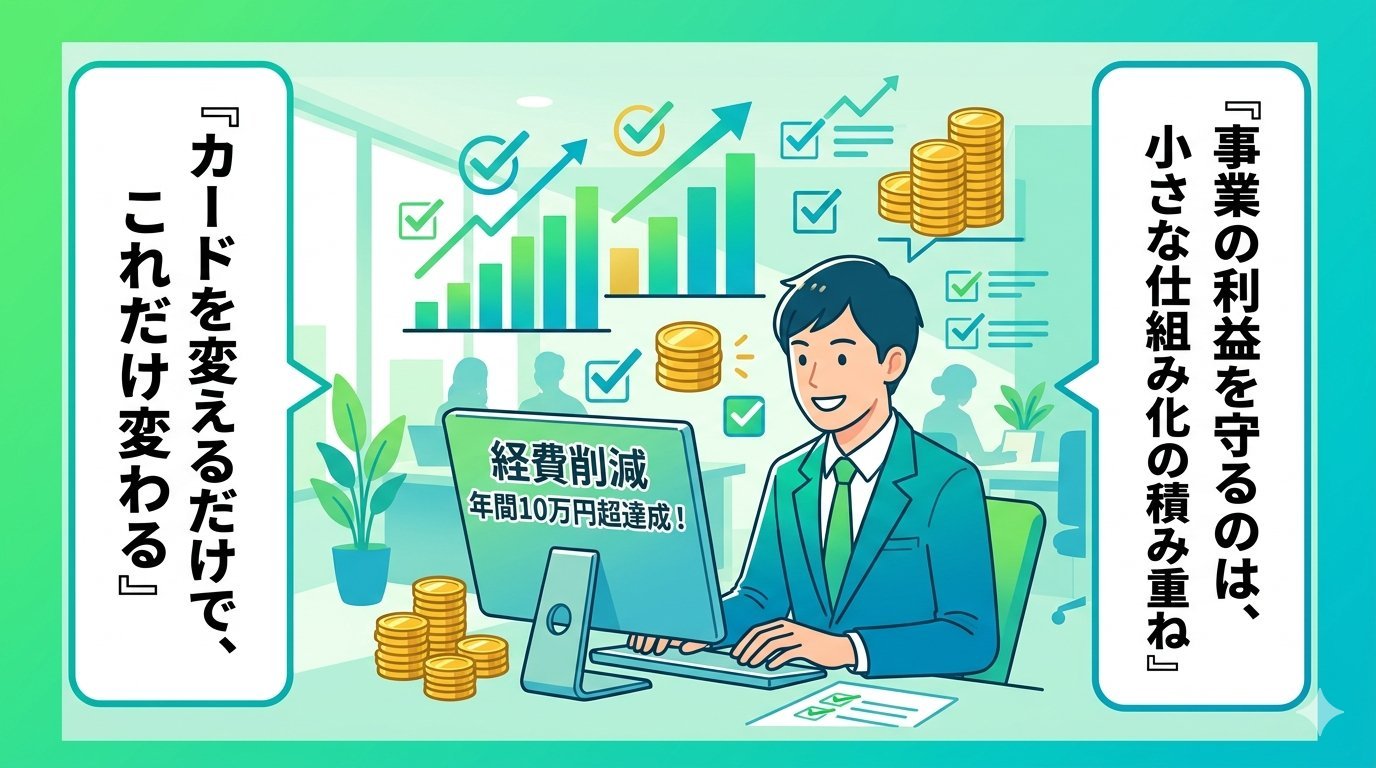年間10万円超の経費削減を達成してガッツポーズするビジネスパーソン。カードを変えるだけでこれだけ変わる