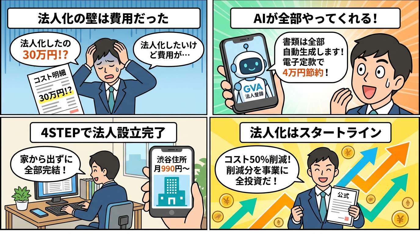 法人化コスト50%削減の4STEPロードマップ4コマ漫画――課題提起からGVA活用・バーチャルオフィス契約・法人化完了まで