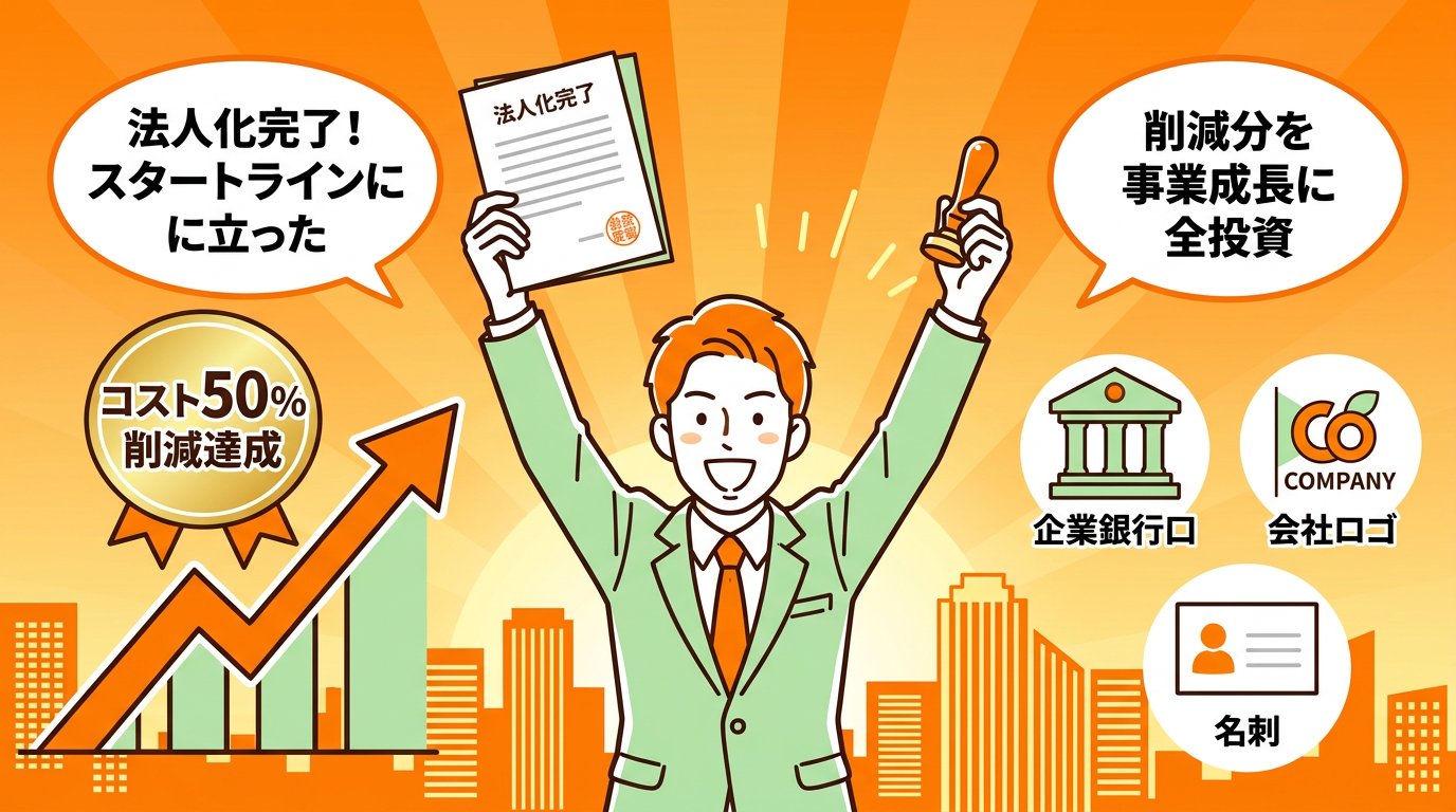 法人化完了・スタートラインに立ったビジネスパーソン――コスト50%削減達成・削減分を事業成長に全投資