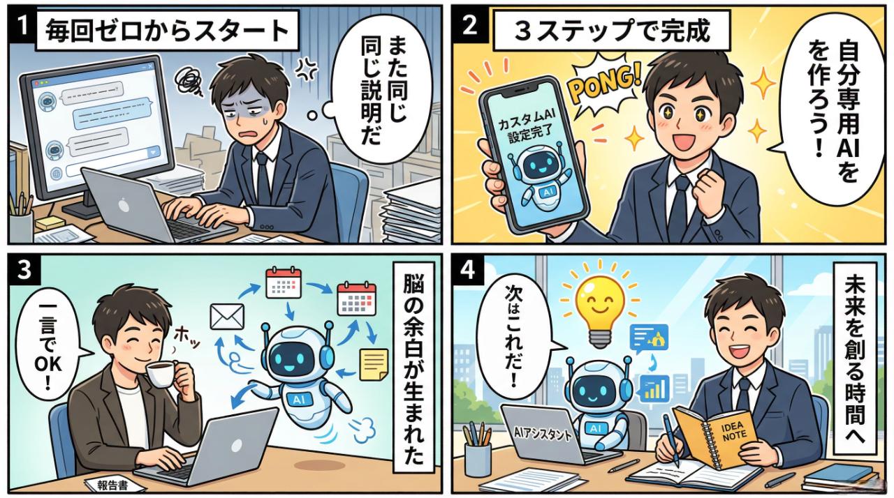 自分専用AIを育てる4コマ漫画・毎回ゼロから説明する疲弊から脳の余白と未来へ