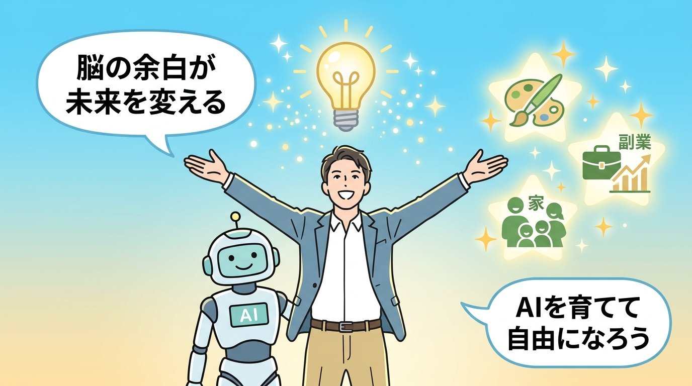 AIを育てて脳の余白を手に入れ副業や創造に集中できる未来のイラスト