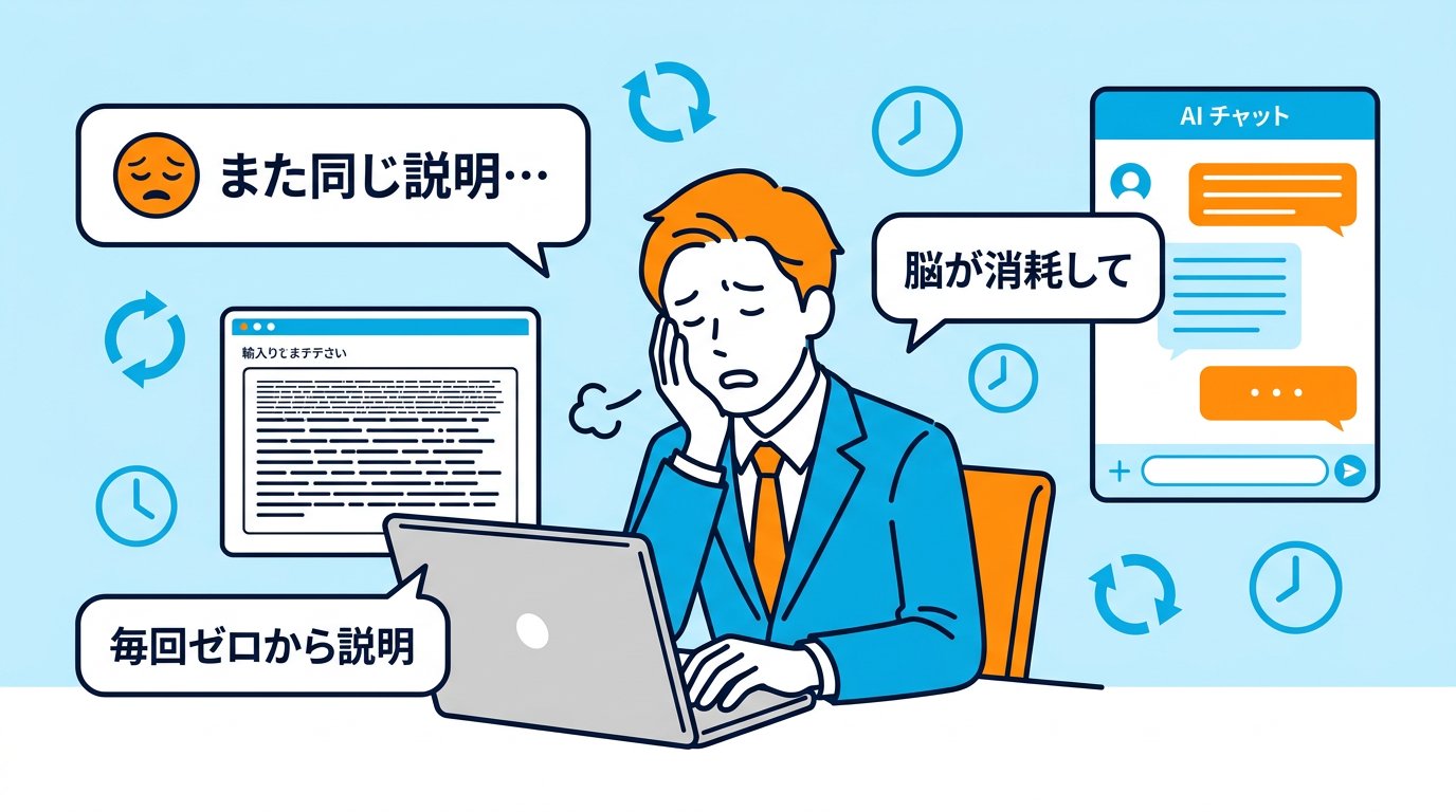 毎回ゼロから説明するAIとの疲弊した日々を表した導入イラスト