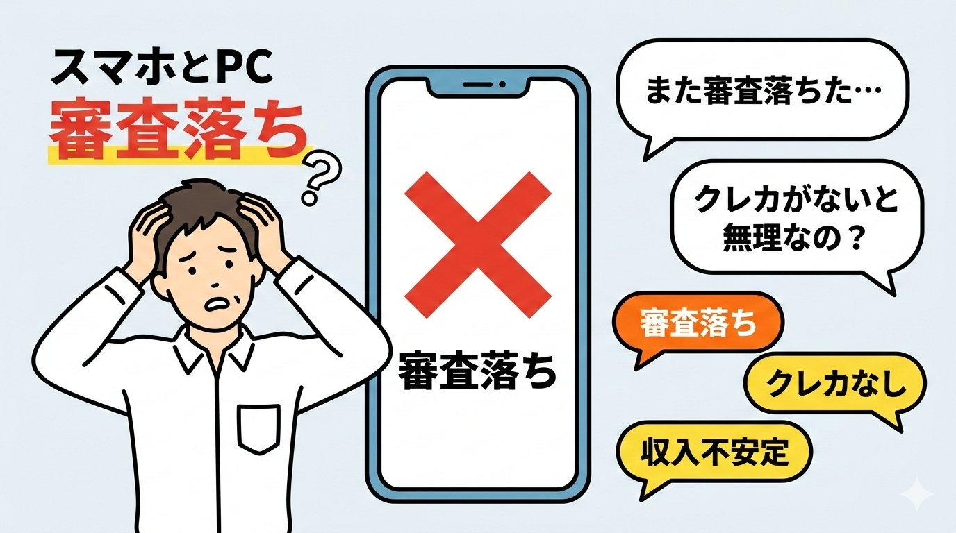 スマホ審査落ちで頭を抱える人のイラスト。クレカなし・収入不安定など審査落ちの悩みを表現