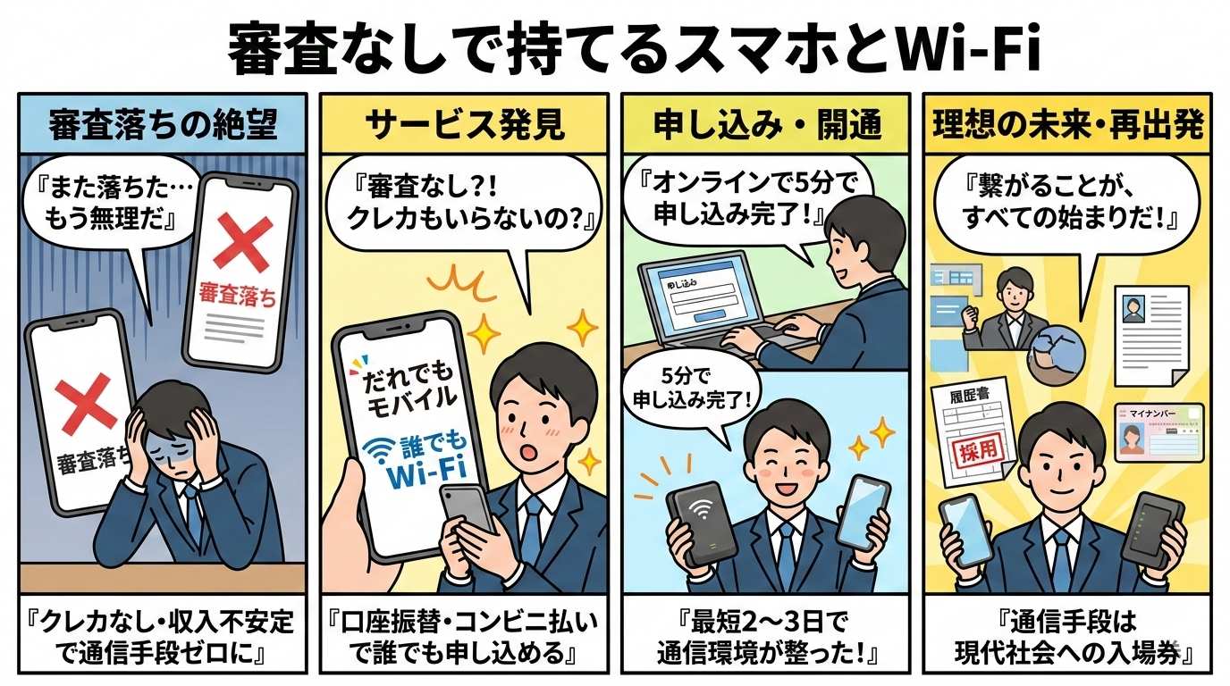 審査なしスマホとWi-Fi申し込みの流れを描いた4コマ漫画。審査落ちの絶望からサービス発見・申し込み・再出発までを図解