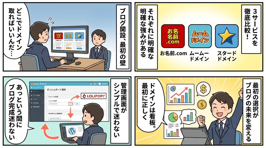 ブログ開設から収益化までのマイルストーンと看板を持つビジネスパーソンの未来イメージ