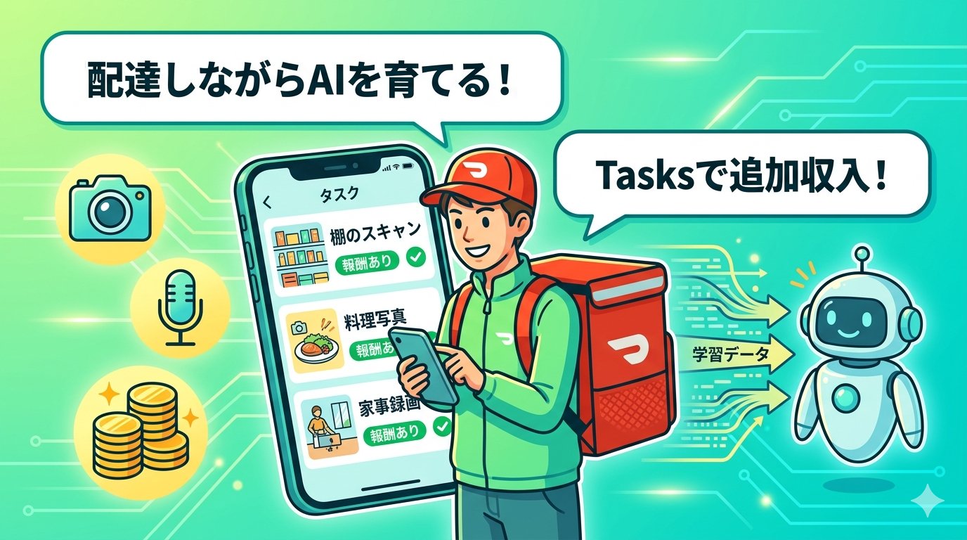 DoorDashのTasksアプリを操作する配達員とAI学習データの流れを示すイラスト