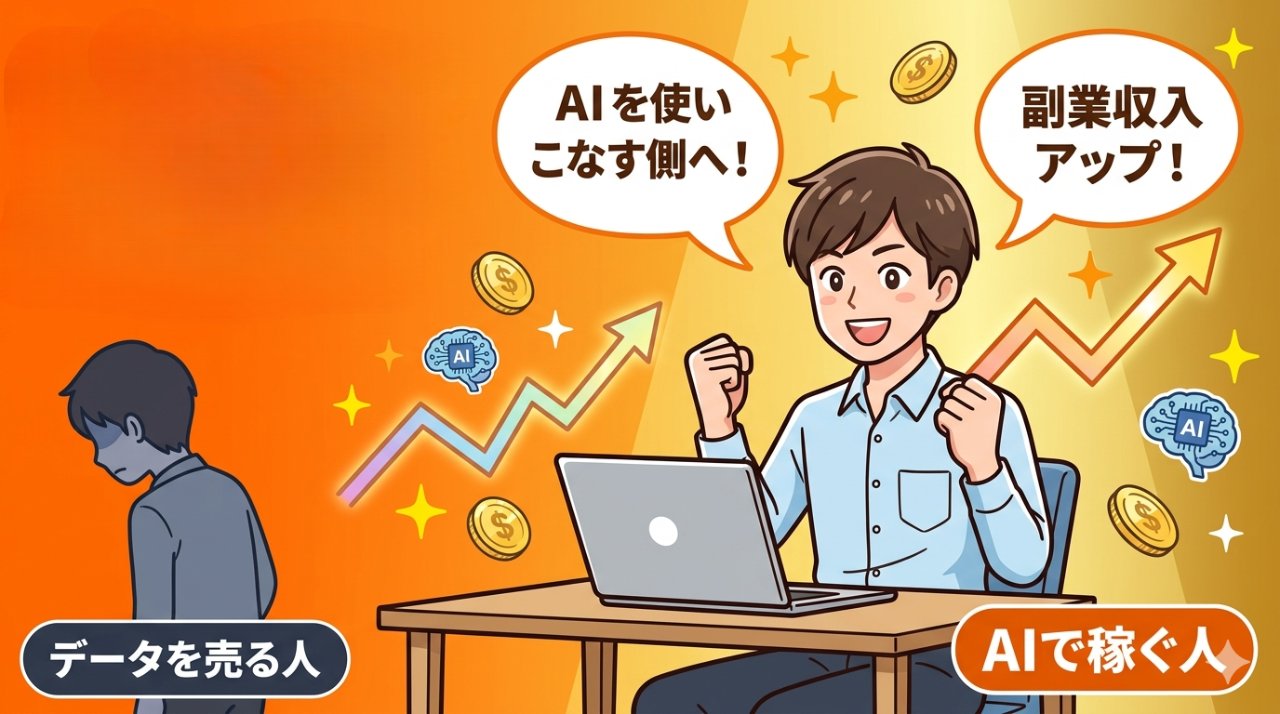 データを売る人とAIで稼ぐ人のコントラストを示すイラスト