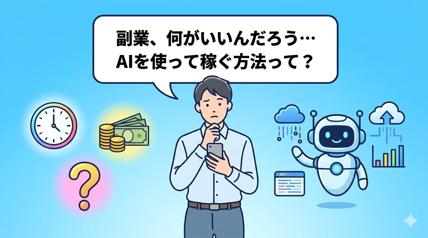 副業を探すビジネスパーソンがAIを使って稼ぐ方法を考えている場面