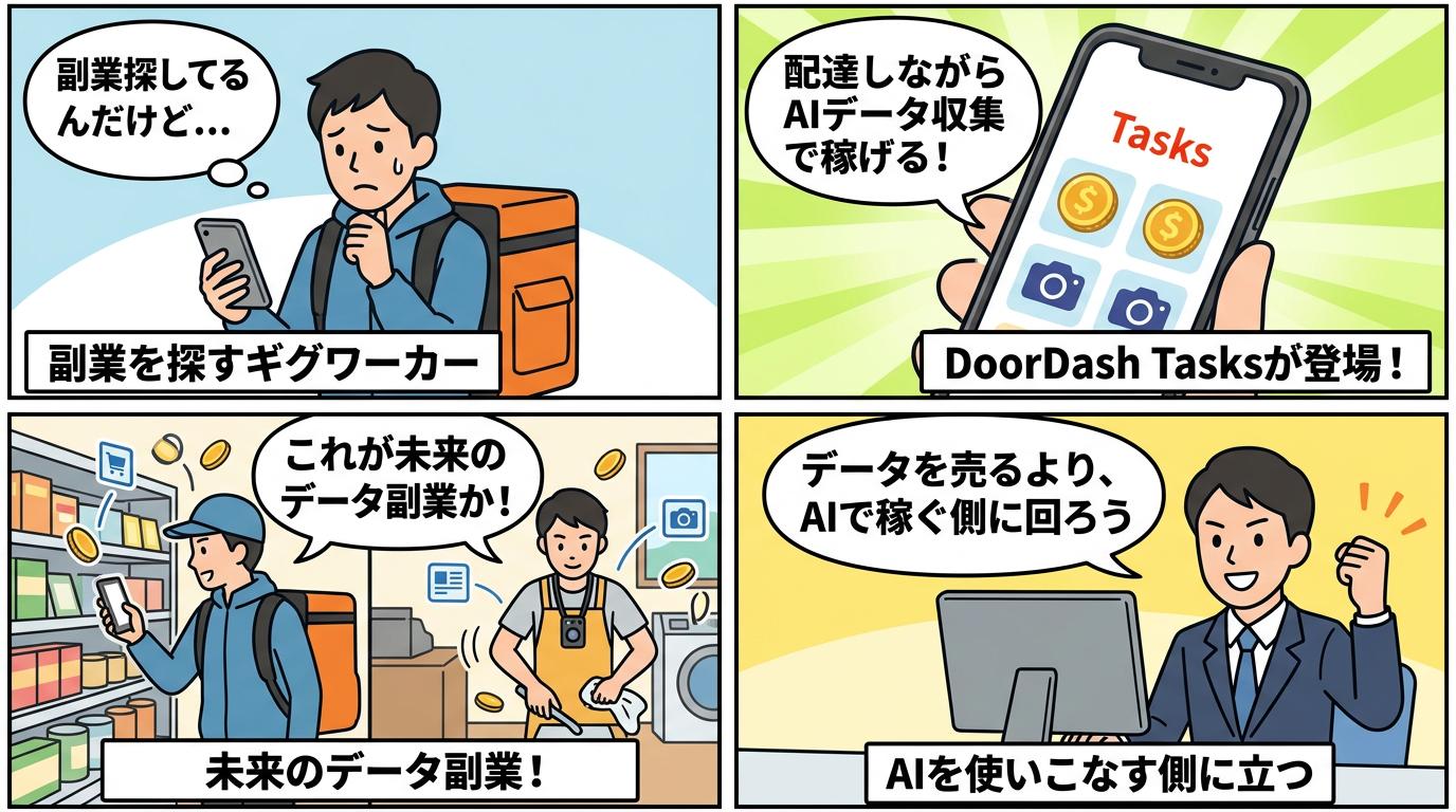 DoorDash Tasksの仕組みをわかりやすく解説した4コマ漫画