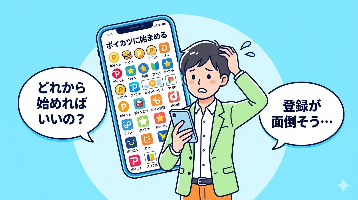 ポイントサービスが多すぎて困惑している初心者のイラスト