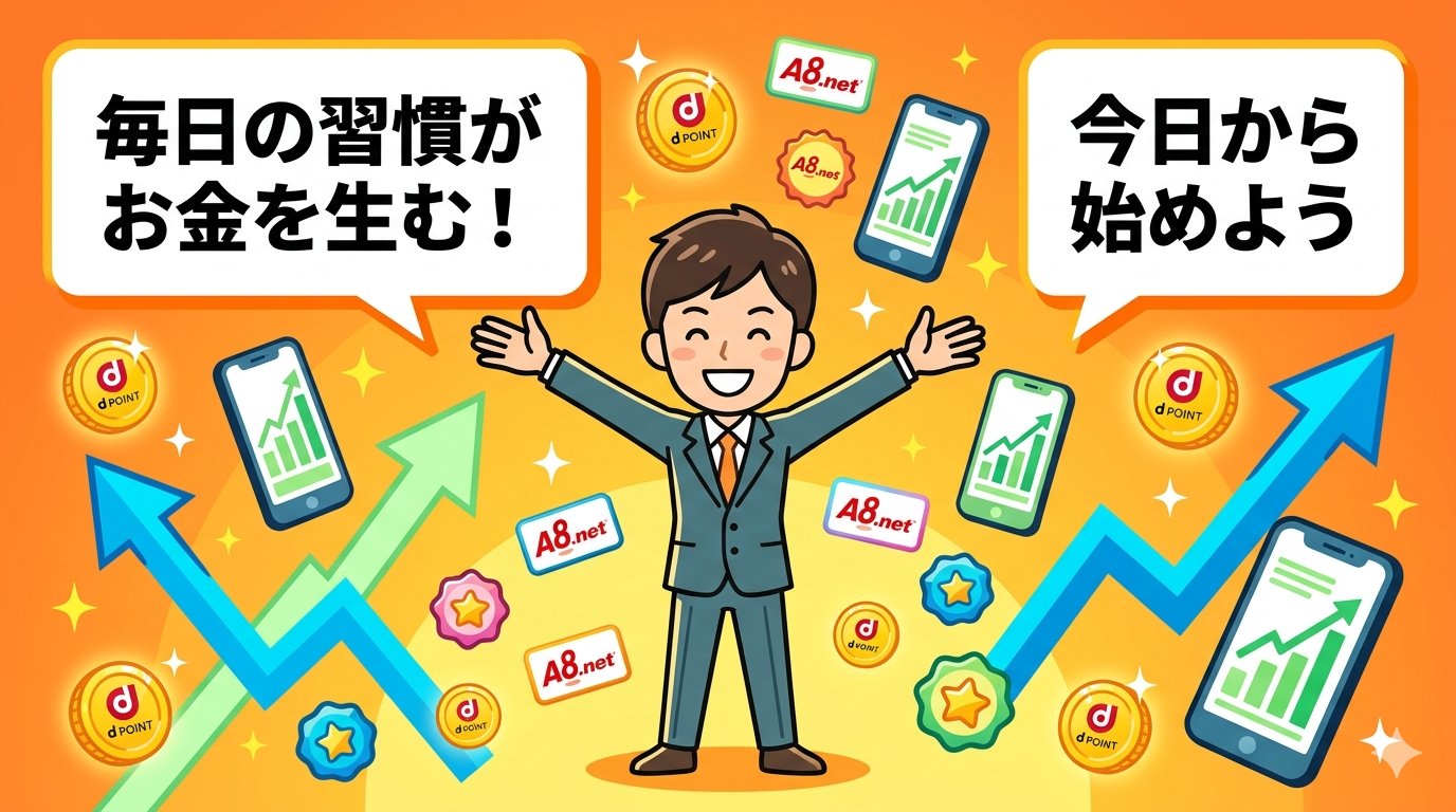 ポイ活とA8.netで毎日の習慣がお金を生む・今日から始めようのイラスト