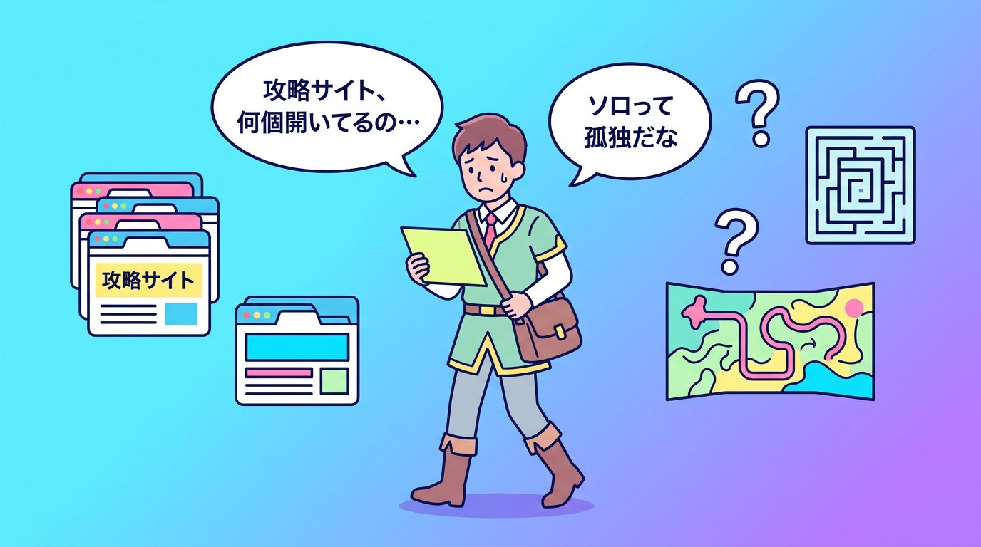 攻略サイトを何個も開いて困惑するソロプレイヤーの冒険者イラスト