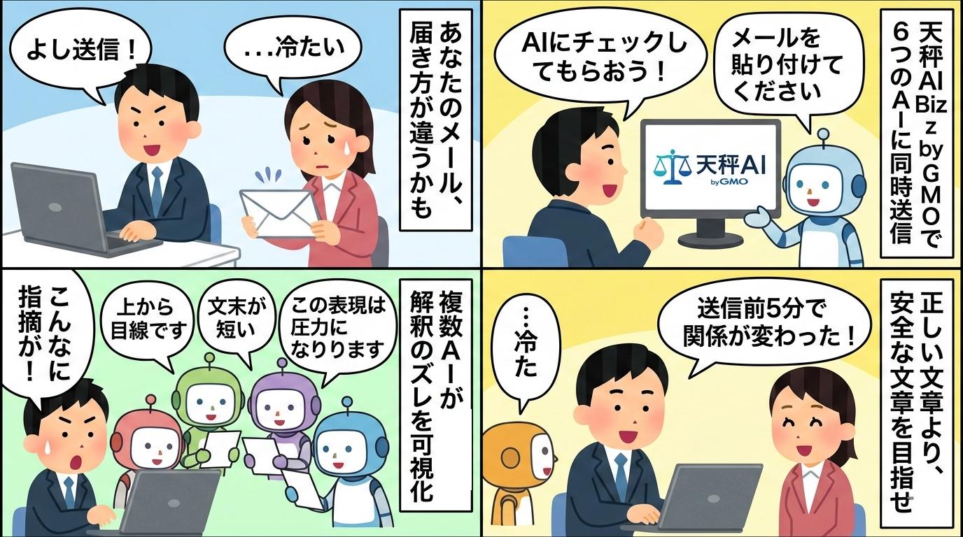 AIメールチェックの流れを描いた4コマ漫画