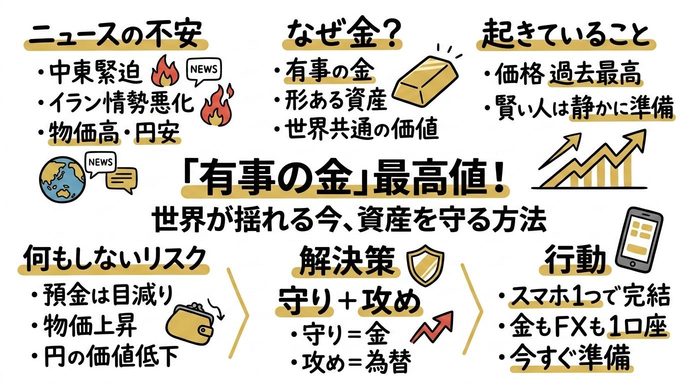 「有事の金」が最高値!イラン情勢で世界が揺れる今、初心者がスマホ一つで資産を守り抜く唯一の正攻法