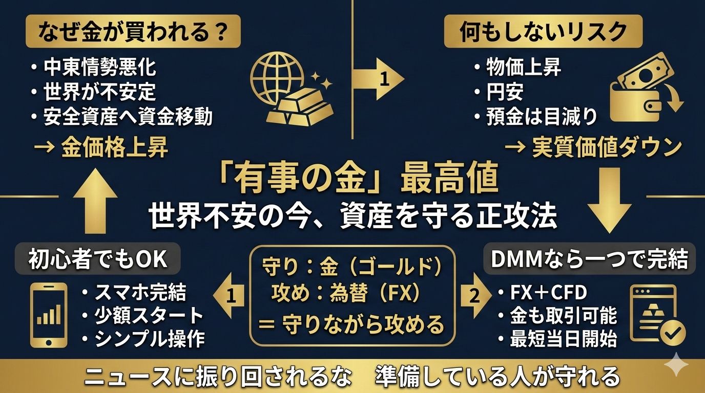 「有事の金」が最高値!イラン情勢で世界が揺れる今、初心者がスマホ一つで資産を守り抜く唯一の正攻法