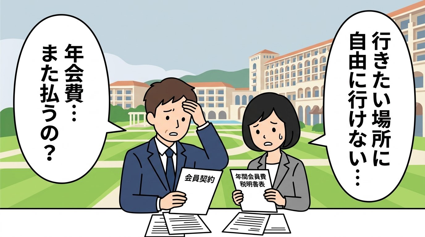 エクシブの年会費と縛りに悩むビジネスパーソンのイラスト