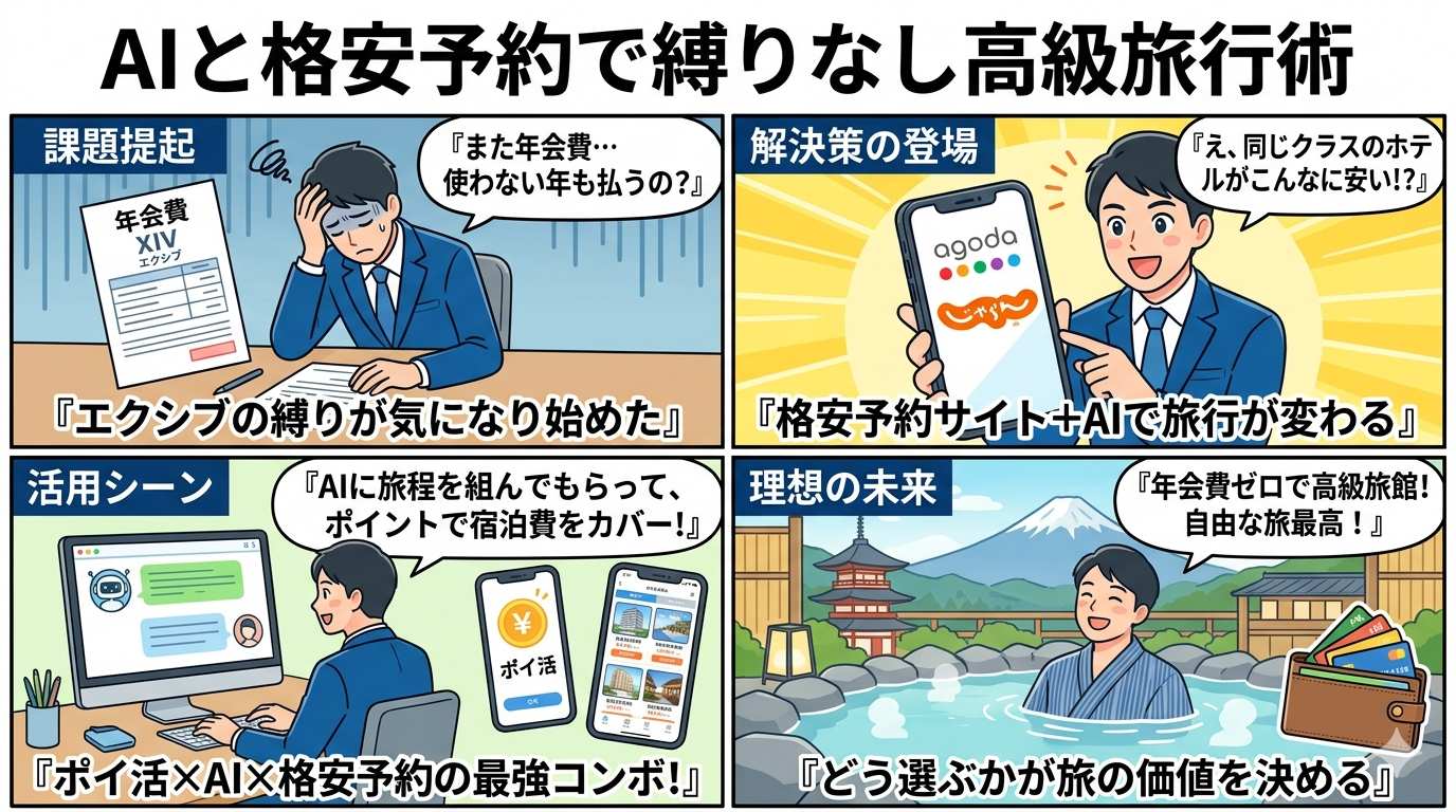 AIと格安予約で縛りなし高級旅行術を図解した4コマ漫画