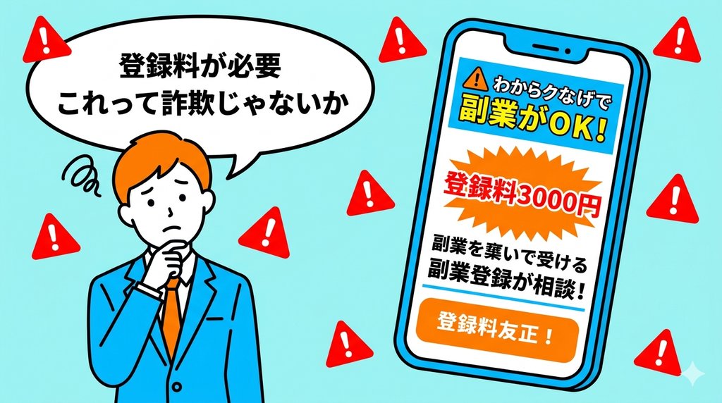 怪しい副業広告を見て困惑するビジネスパーソン。登録料3000円の表示に詐欺を疑う場面。