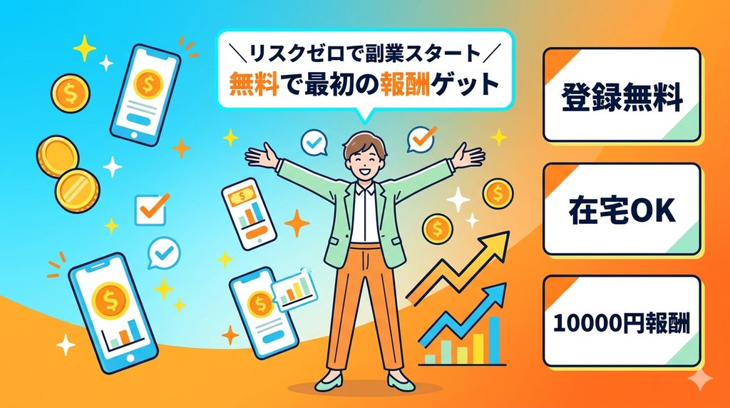 リスクゼロで副業スタートし無料で最初の報酬を獲得した明るい未来を描いたイラスト。