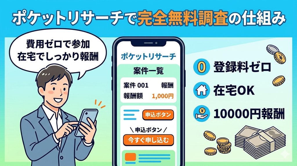 ポケットリサーチの完全無料調査の仕組みを示すイラスト。登録料ゼロ・在宅OK・10000円報酬の特徴。