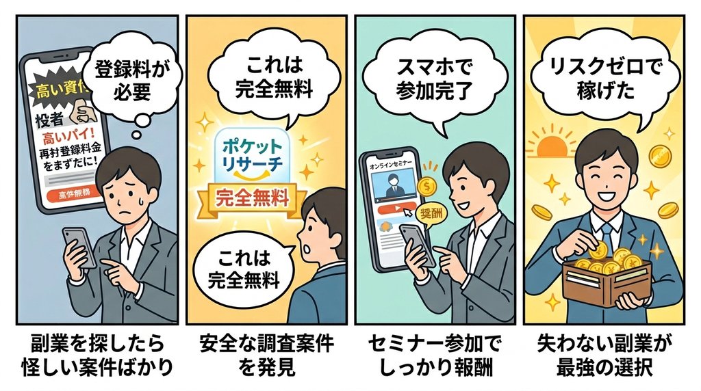 副業詐欺から安全な調査案件発見・セミナー参加・報酬獲得までを描いた4コマ漫画。