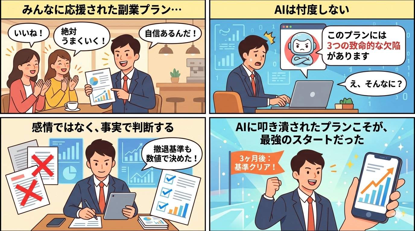 副業プランをAIに診断させる4コマ漫画:応援→AI指摘→修正→成功の流れ