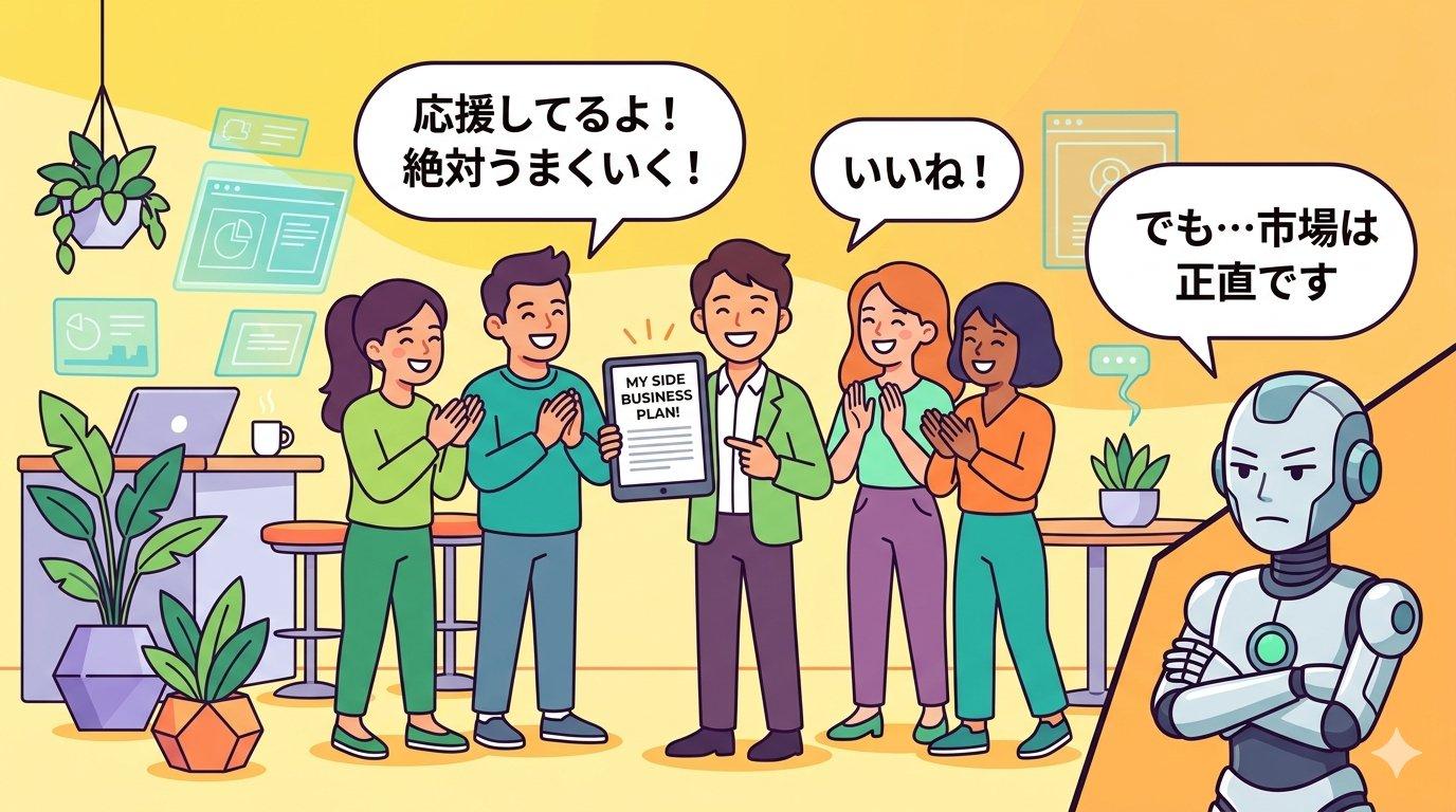 副業プランを友人に応援されるビジネスパーソンと、冷静に見つめるAIロボットのイラスト