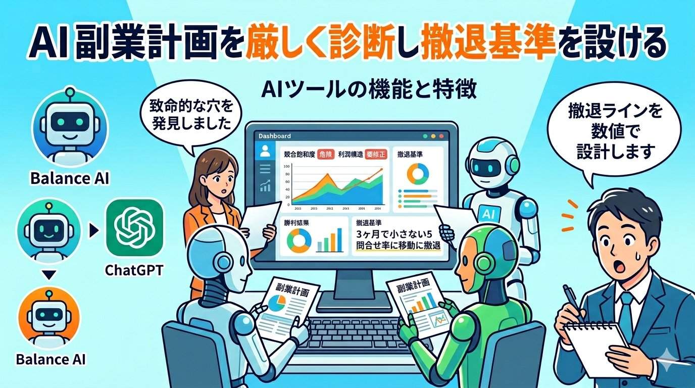 複数のAIが副業プランを多角的に診断しているイラスト