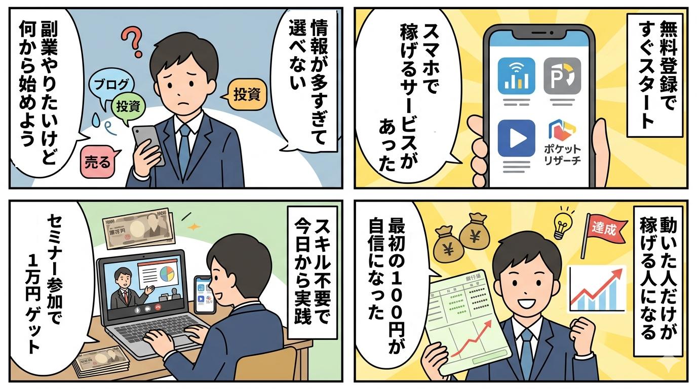 副業ゼロから1達成の流れを描いた4コマ漫画イラスト