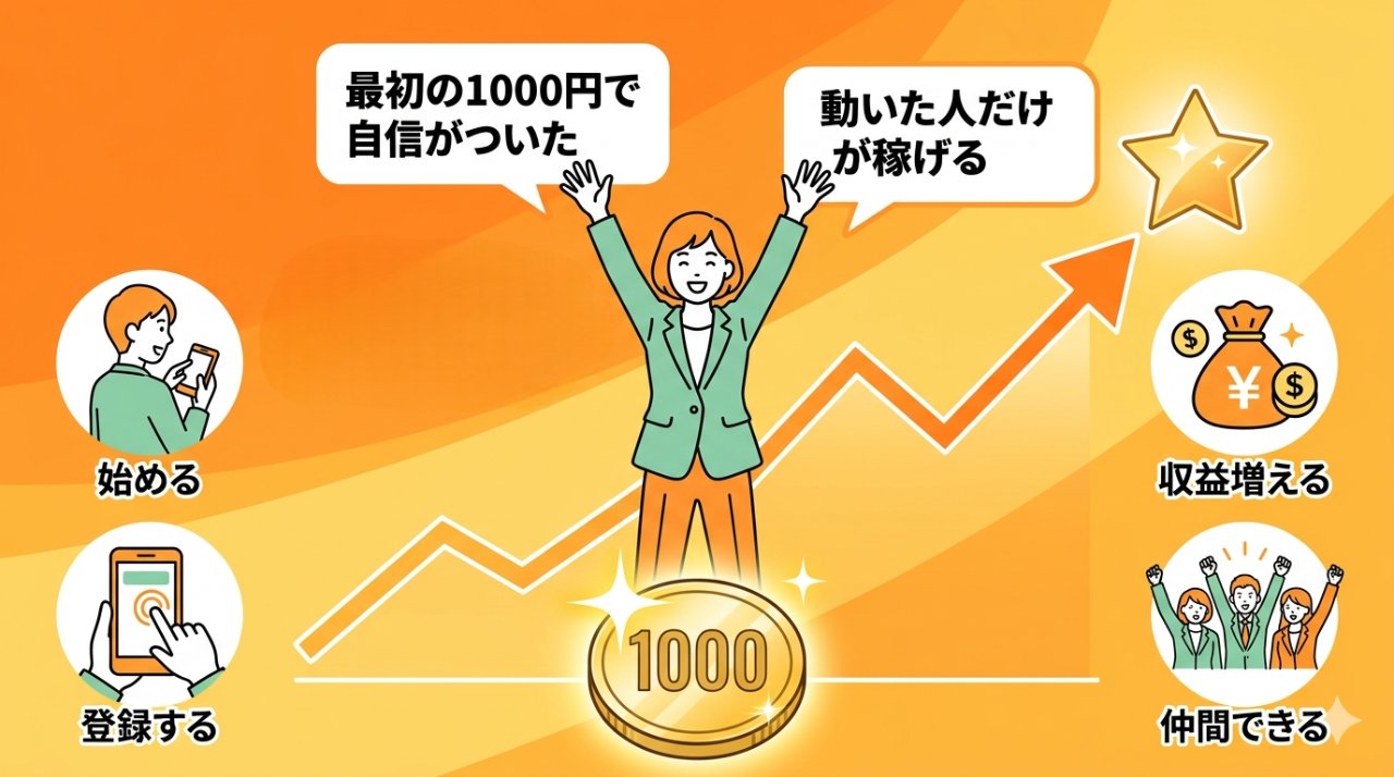 最初の1000円で自信がつき収益が伸びていく未来イメージのイラスト