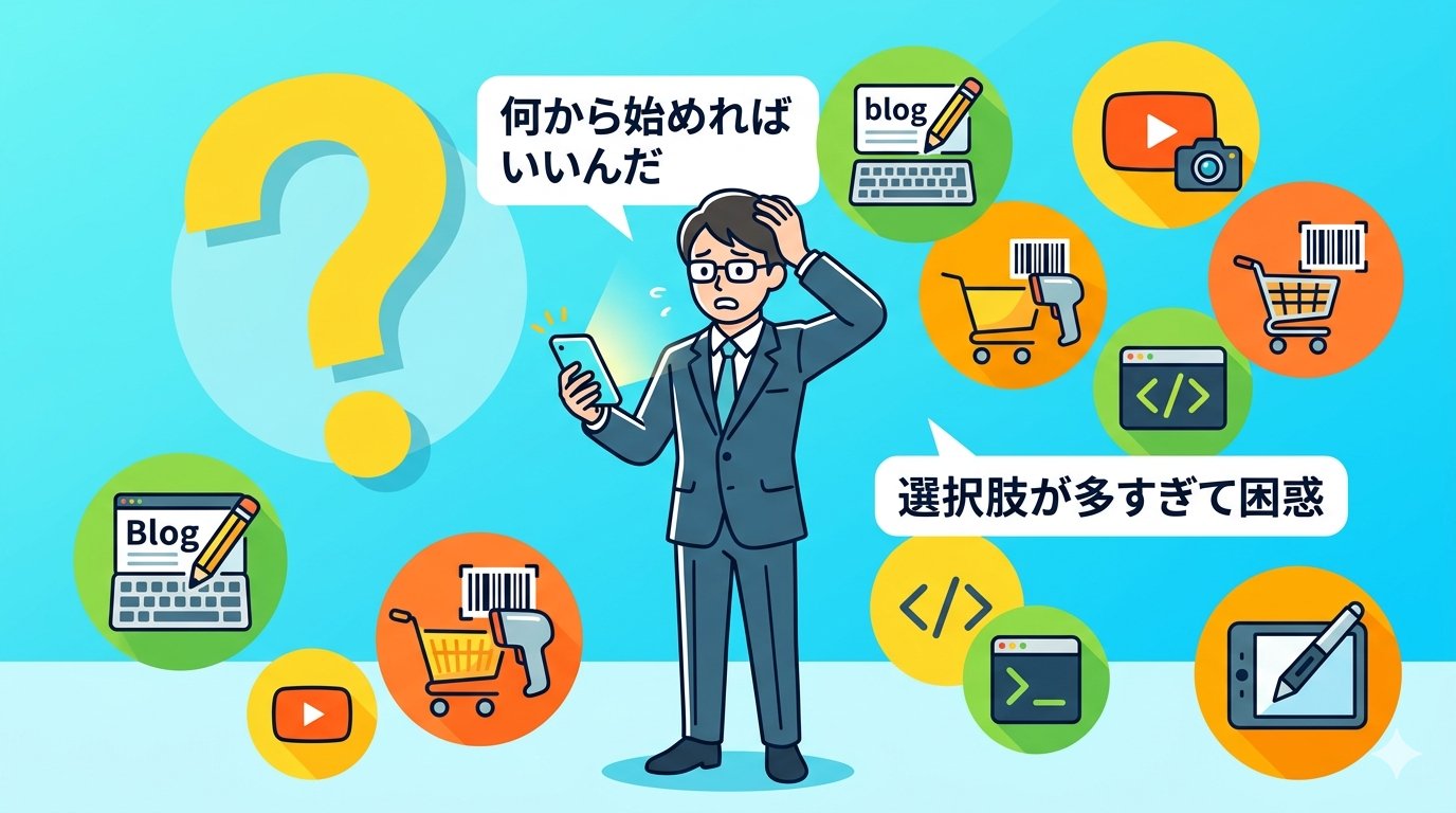 副業を始めたいのに何から選べばいいか分からず悩む初心者のイラスト