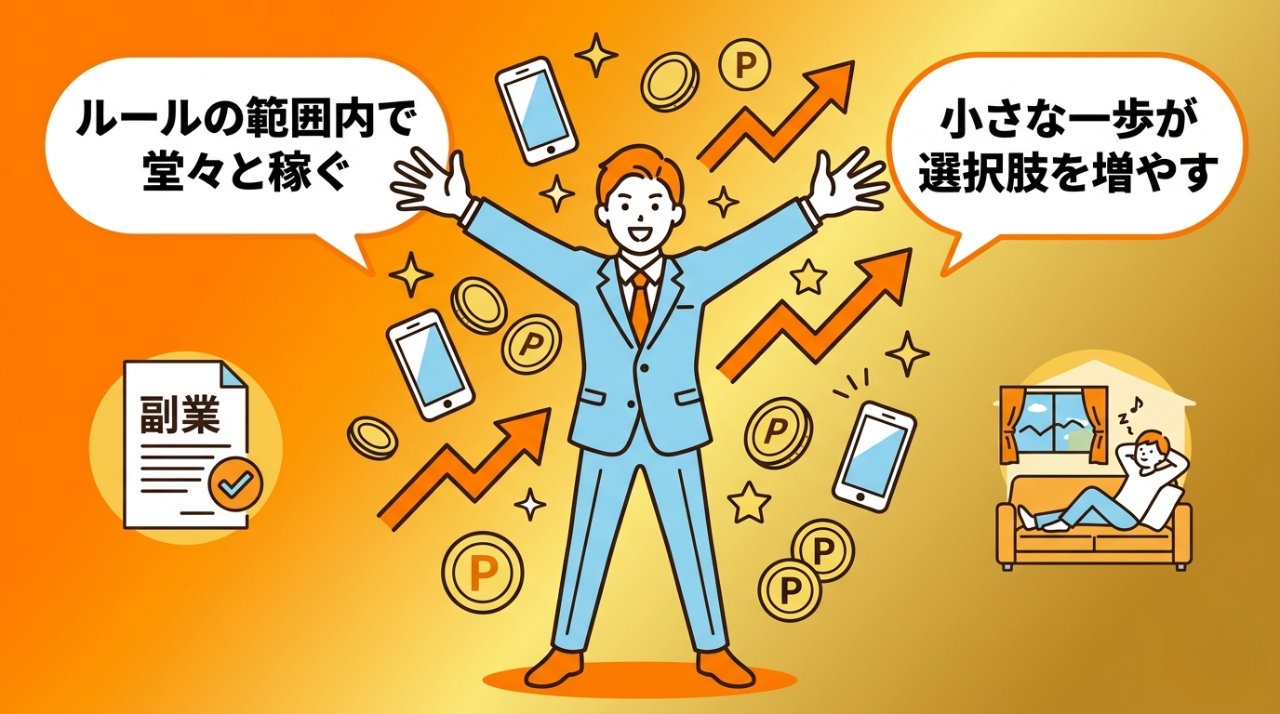 ルールの範囲内で堂々と稼ぐ明るい未来をイメージしたイラスト