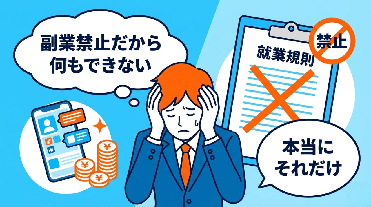 副業禁止だから何もできないと悩むビジネスパーソンのイラスト