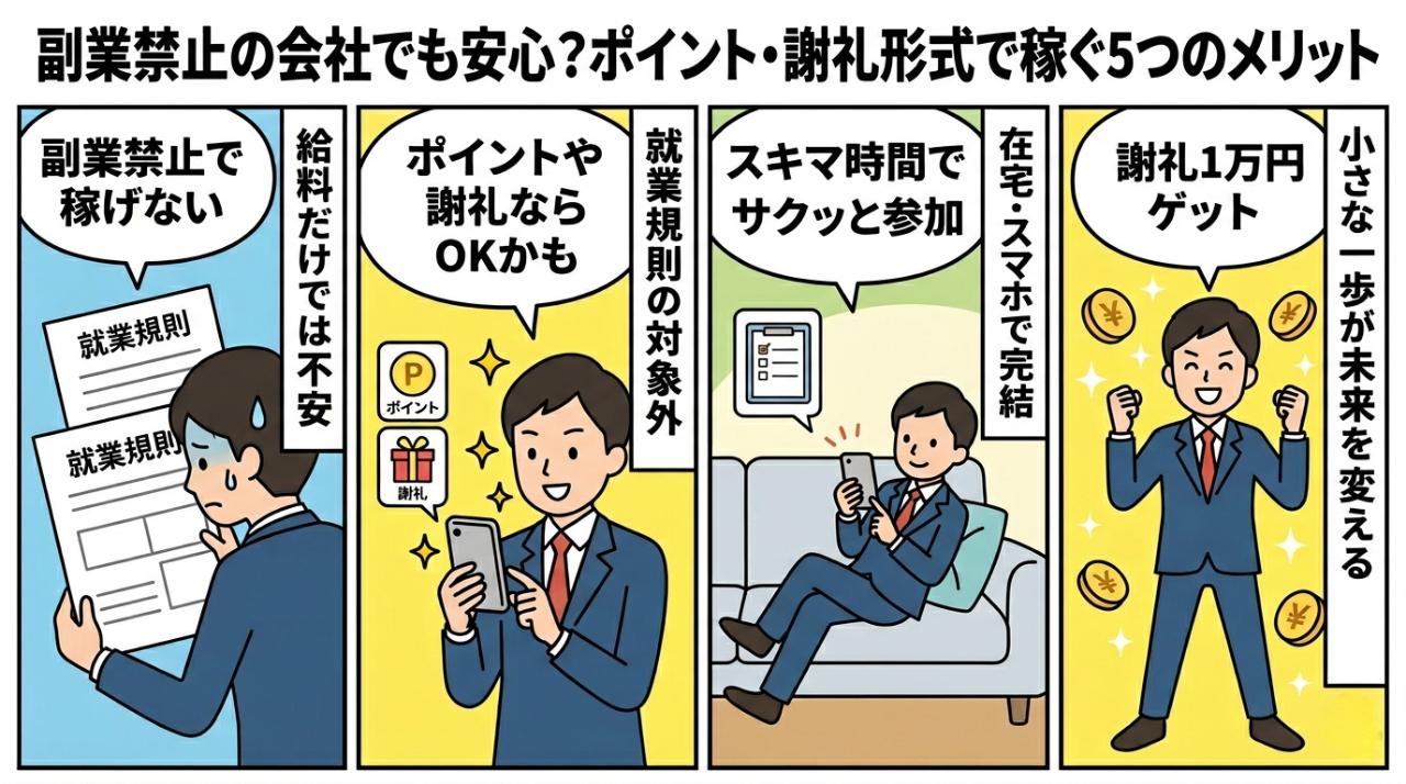 副業禁止でもポイント謝礼形式で稼ぐ5つのメリットを描いた4コマ漫画