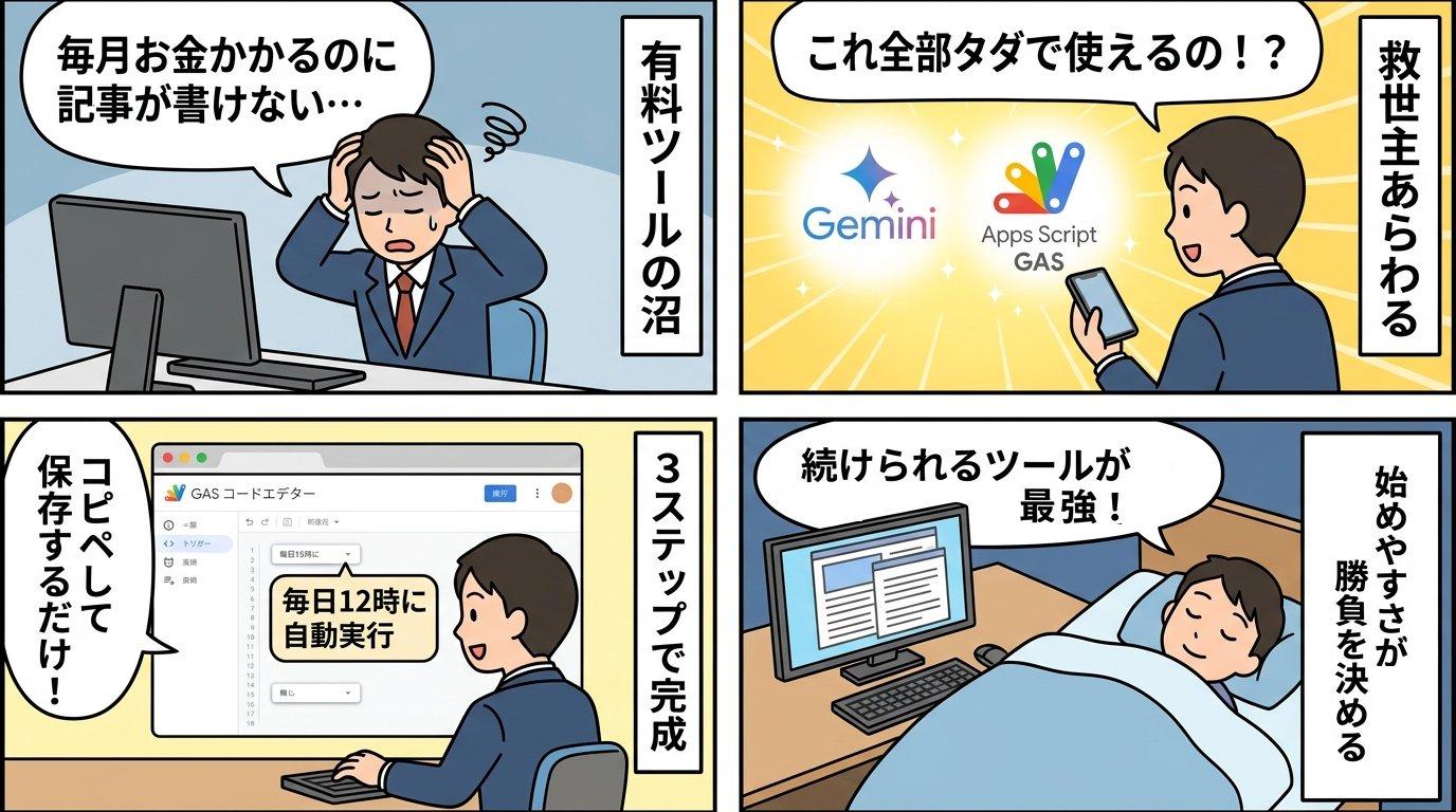 GASコードエディタでトリガーを設定して毎日自動実行する3ステップを4コマ漫画で解説したイラスト