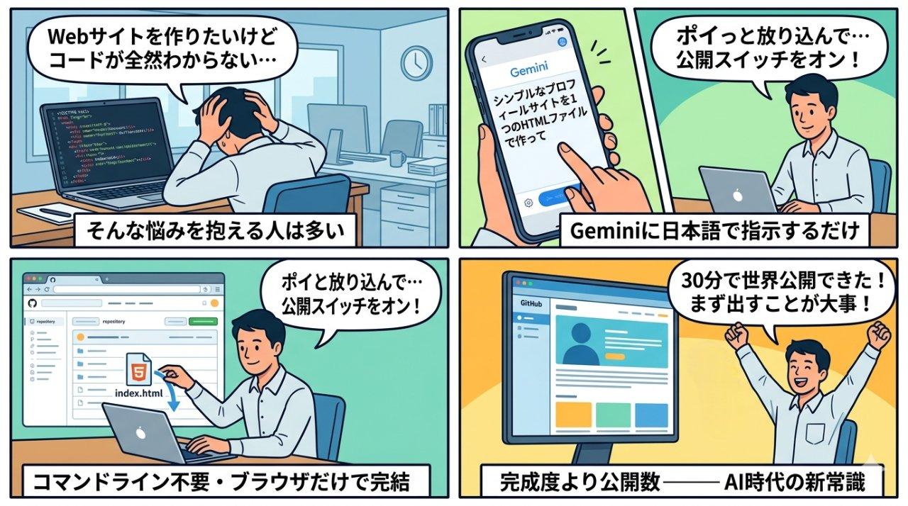 コードを書けずに悩むビジネスパーソンとAIに頼む解決策のイラスト